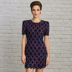Vintage 90s Night Vogue Sequin Beaded‎ Diamond Mini Dress Drag Cocktail Clubwear